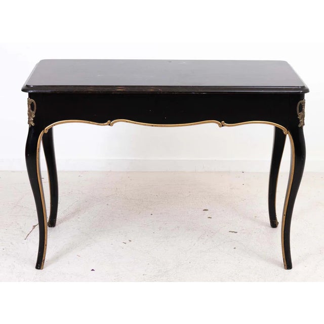 Traditional Regency Style Ebonized Marble Top Desk With Brass Mounts For Sale - Image 3 of 8
