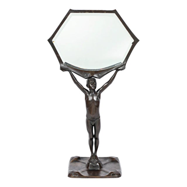 Peter Winter-Heidingsfeld, Large Art Nouveau Standing Mirror with a Naked Youth, Bronze, Around 1900 For Sale