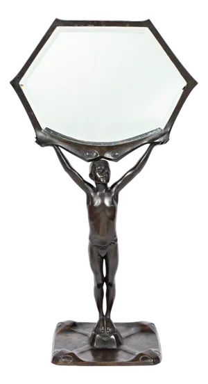 Peter Winter-Heidingsfeld, Large Art Nouveau Standing Mirror with a Naked Youth, Bronze, Around 1900