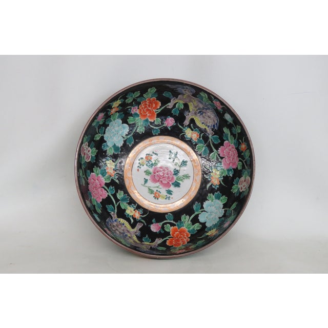 Asian Famille Noire Enamel Glazed Porcelain Centerpiece Bowl Floral Motif 4995b For Sale - Image 18 of 18