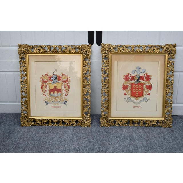 English Vintage Pair Framed Prints Coat of Arm Ornate Gold Gilt For Sale - Image 3 of 18