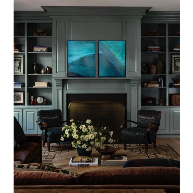 Contemporary Modern Organic Coastal Diptych Painting in Turquoise & Deep Teal by Stacey Warnix For Sale - Image 3 of 8