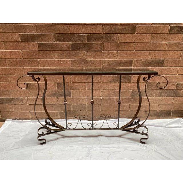 Metal Vintage Mid Century Wrought Iron Console Sofa Table Sideboard With Glass Top For Sale - Image 7 of 7