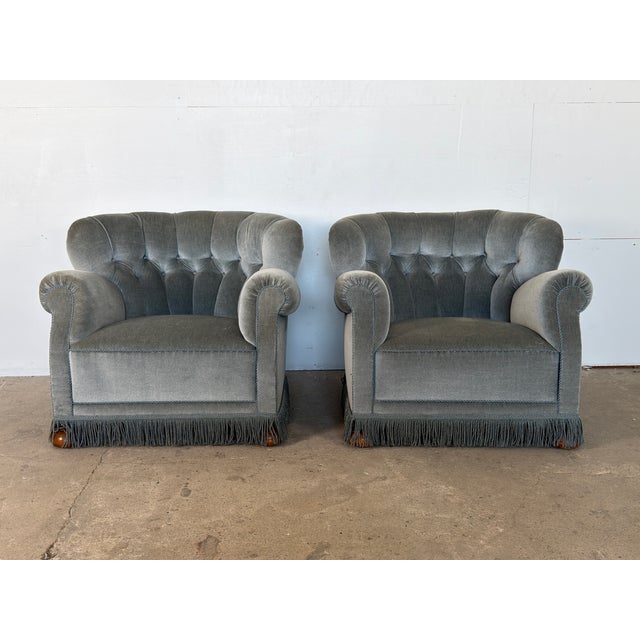 Danish Lounge Chairs in Grey-Blue Velvet in the style of Fritz Hansen, 1940s, Set of 2 For Sale - Image 12 of 12