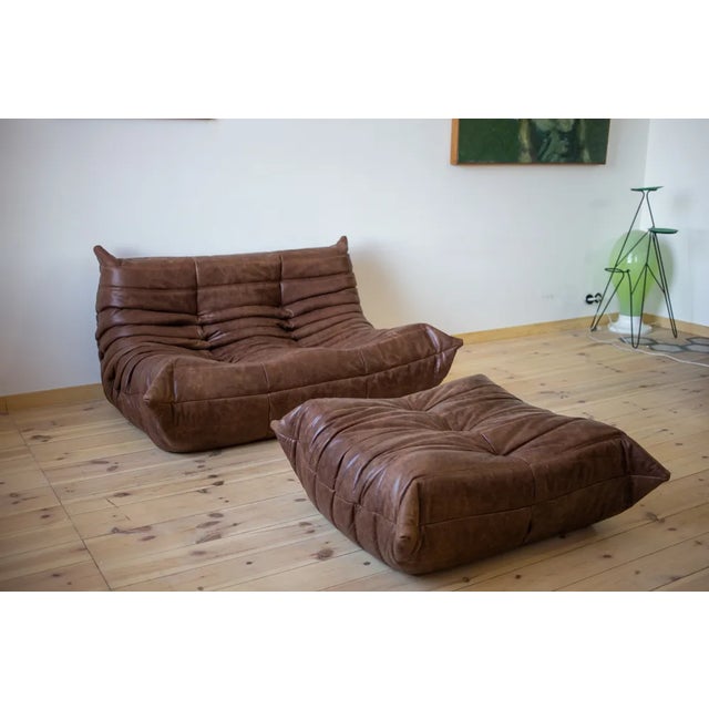 Set of Dark Brown Leather Togo Pouf and 2-Seater Sofa by Michel Ducaroy for Ligne Roset For Sale - Image 10 of 10