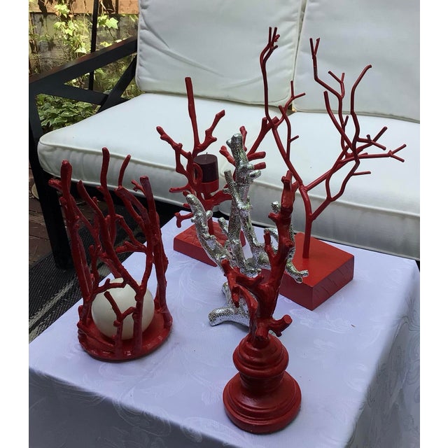 Set of 4, Vintage Faux Coral Candle Holder Decor Bundle in Red and Silver For Sale In Atlanta - Image 6 of 11