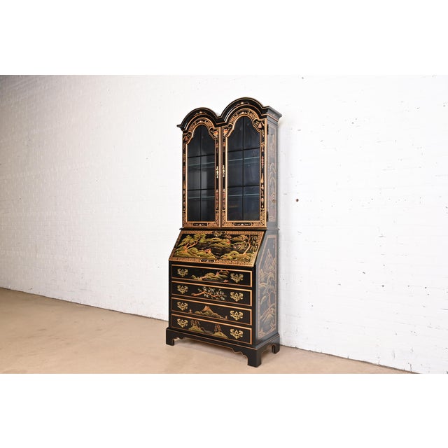 Georgian Chinoiserie Black Lacquered Hand-Painted Drop Front Secretary Desk With Bookcase Hutch For Sale - Image 12 of 12
