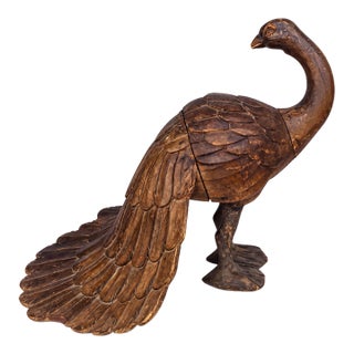 Mid-Century Large Scale Indian Carved Wood Folk Art Peacock Sculpture Figurine For Sale