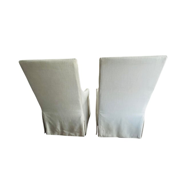 Ivory Pair Restoration Hardware Belgian Slipcovered Slope Arm Dining Armchair – Luxury Skirted Host Chair For Sale - Image 8 of 12