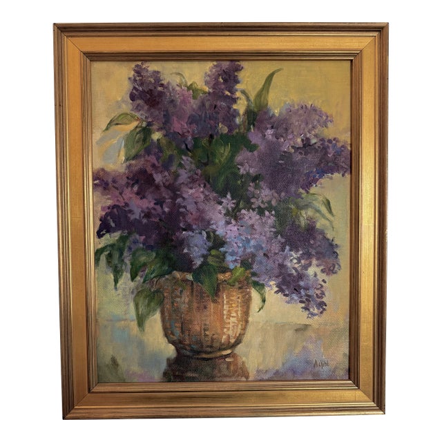 1980s Original Oil on Canvas Lilacs in a Nantucket Basket by Ann Gibb For Sale