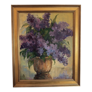 1980s Original Oil on Canvas Lilacs in a Nantucket Basket by Ann Gibb
