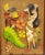 Mid-Century mix-media cut wood 3D wall sculpture featuring Hawaiian hula girl with multicolored scenic of flowers and palm...