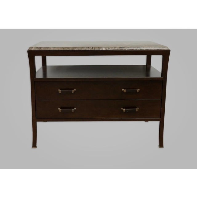 Baker Furniture Company Pair of Bill Sofield for Baker Walnut Marble Top Nightstands For Sale - Image 4 of 6