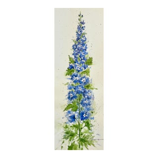 Original “Blue Delphinium” Watercolor Tall Painting For Sale