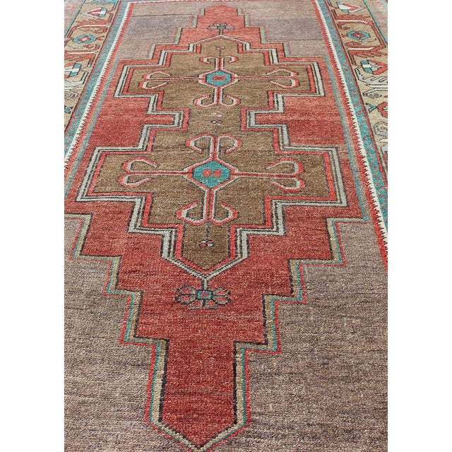 Turquoise Vintage Turkish Oushak Rug in Warm Terracotta, Olive Brown, and Aqua Blue 4'2 X 7'5 For Sale - Image 8 of 9