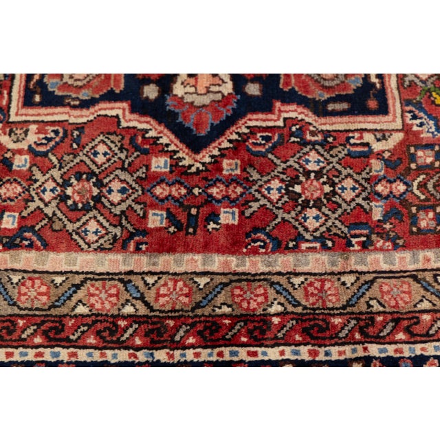 Vintage Hamadan Hand-Knotted Wool Rug With Geometric Medallion – Red & Navy For Sale - Image 4 of 9