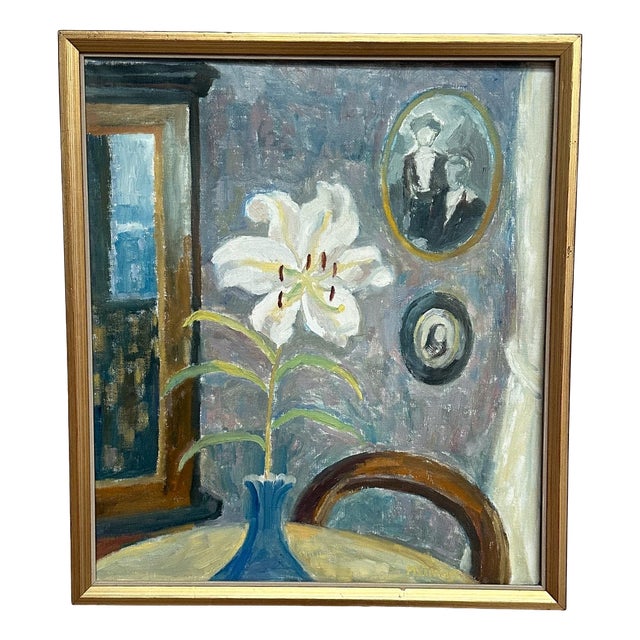 May Nicklasson, The White Lily, 1950s, Oil Painting on Panel, Framed For Sale