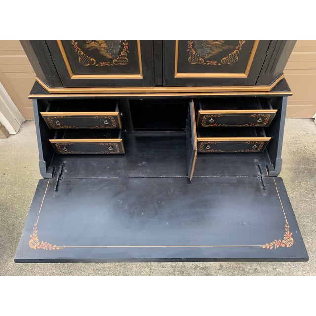 Chinoiserie Black Lacquered Drop Front Secretary Desk With Bookcase Hutch For Sale - Image 10 of 12