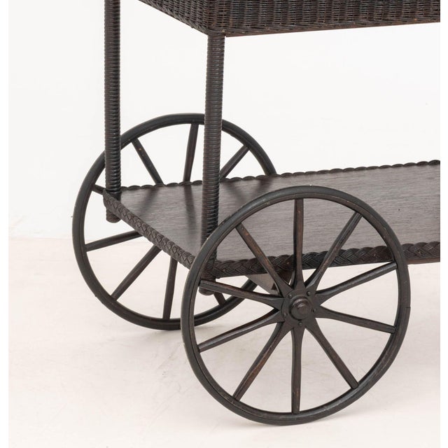 Vintage Brown Painted Wicker Tea Trolley For Sale - Image 4 of 11