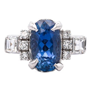 2.51 Carat Oval Blue Sapphire & Mixed Diamond Platinum Filigree Ring, Size 4 For Sale
