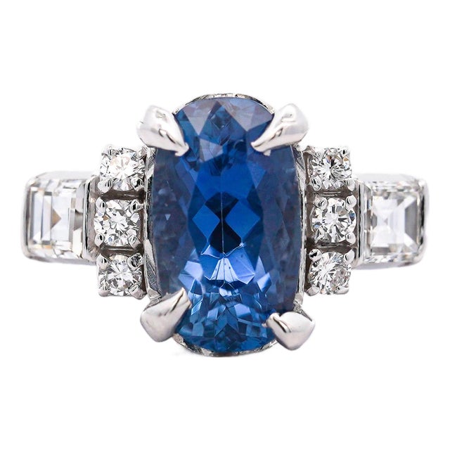 2.51 Carat Oval Blue Sapphire & Mixed Diamond Platinum Filigree Ring, Size 4 For Sale