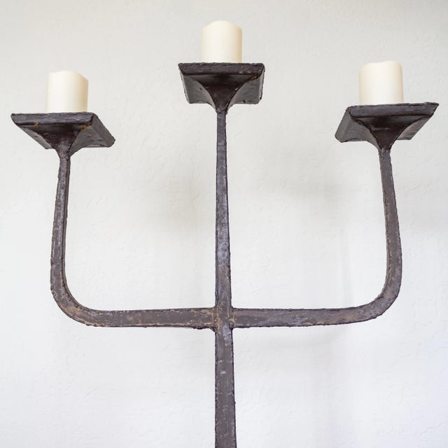 Brutalist Three Arm Candelabra Floor Candle Stand | Hammered and Hand Welded For Sale - Image 10 of 11