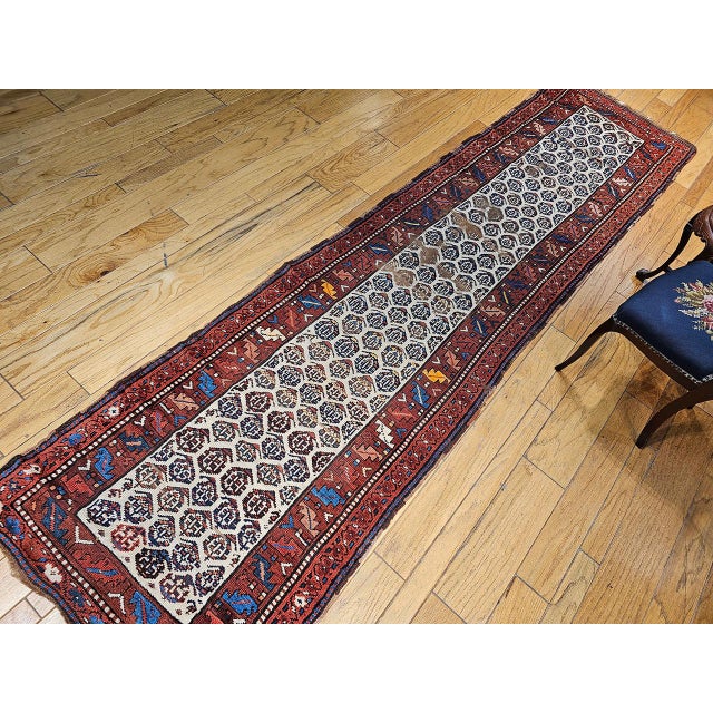 19th Century 19th Century Persian Bidjar Runner, Hand-Knotted Wool, All-Over Paisley Pattern, Ivory & Rust Red, 3x13 For Sale - Image 5 of 14