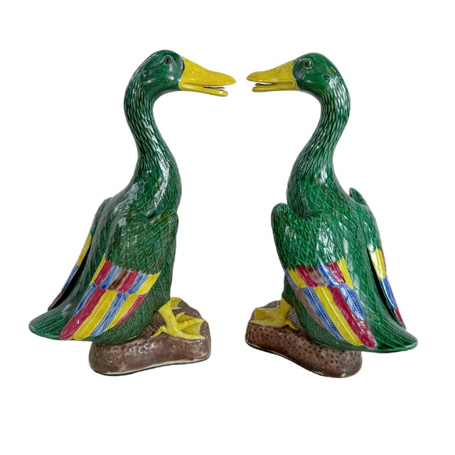 1950s Mid 20th Century Chinese Export Hand-Painted Polychrome Ceramic Mallard Ducks - A Pair For Sale - Image 5 of 10