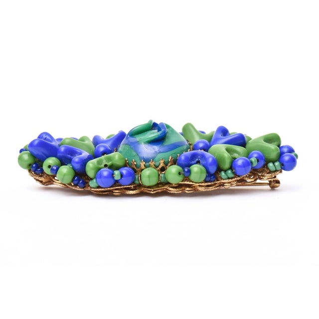 Miriam Haskell Vintage MIriam Haskell Abstract Resin Royal Blue and Green Bead Brooch Pin 50's For Sale - Image 4 of 8