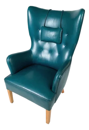 Danish Modern Teal Green Leather Wingback Armchair in the Style of Ole Wanscher