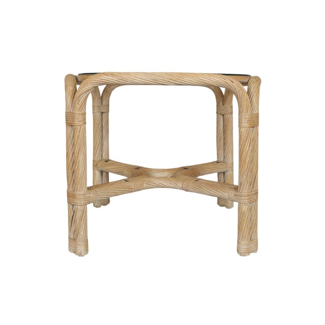 Rustic Rattan and Bamboo Glass Top Side Table For Sale - Image 3 of 8