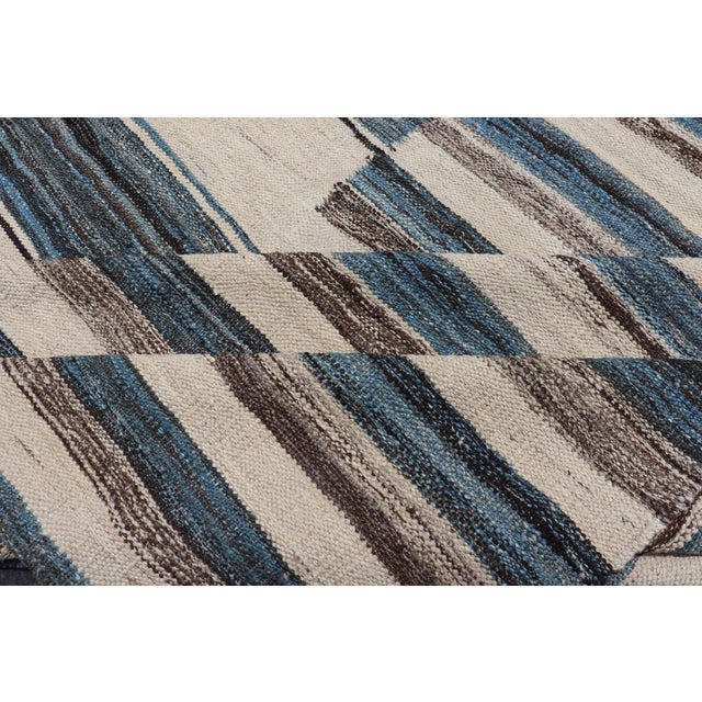 Flat-Weave Kilim Rug With Classic Stripe Design in Blue, Cream, Brown For Sale - Image 9 of 11