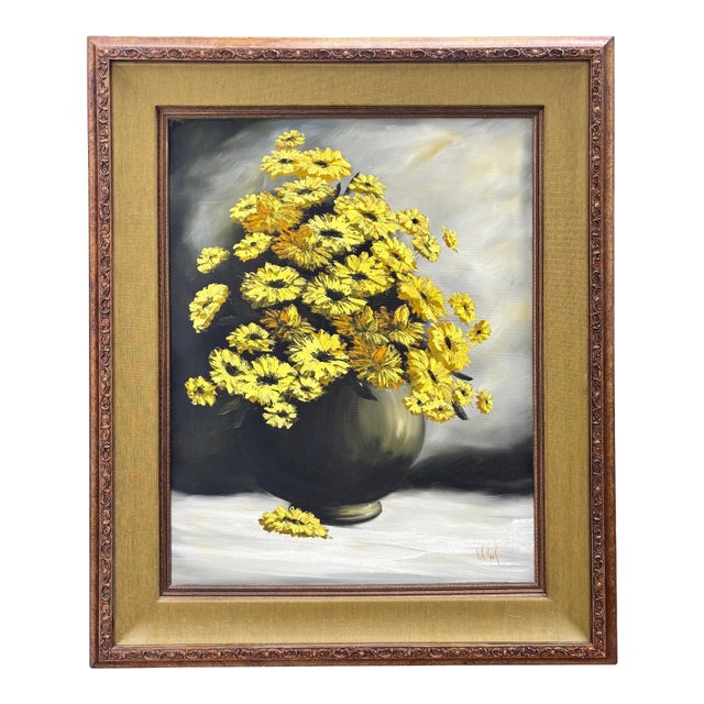 Original Mid-Century Oil on Canvas, Yellow Daisy Still Life, Signed Patti Rock, (1927 - 2004) For Sale