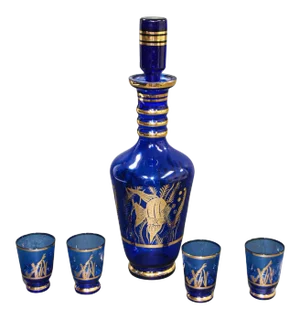 Cobalt Blue Enameled Glass Liquor Set Decanter and Glassesy - Set of 5