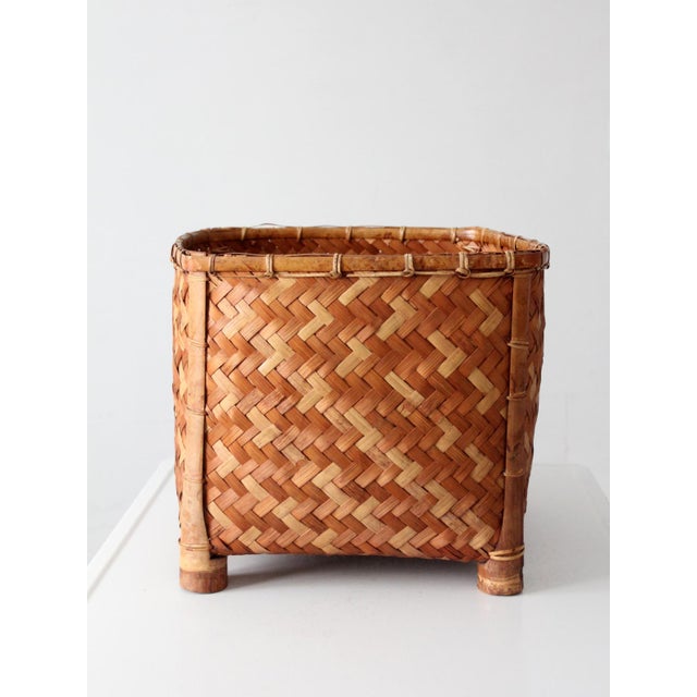 1970s Vintage Woven Bamboo Storage Basket With Geometric Herringbone Pattern For Sale - Image 5 of 12