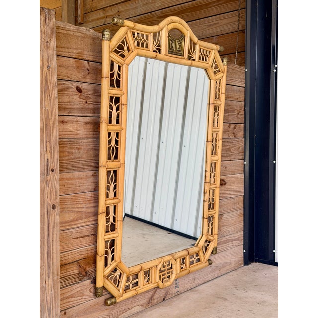 Wood Monumental Maitland-Smith Chinoiserie Style Rattan Wall Mirror With Geometric Fretwork For Sale - Image 7 of 11