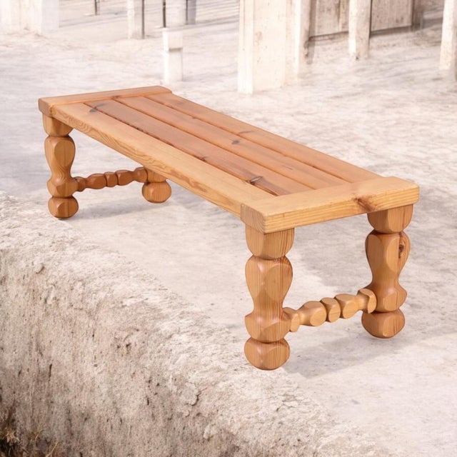 Mid-Century Modern Brutalist Pine Wood Bench by Glas Mäster for Markaryd, Sweden, 1970s For Sale - Image 3 of 5