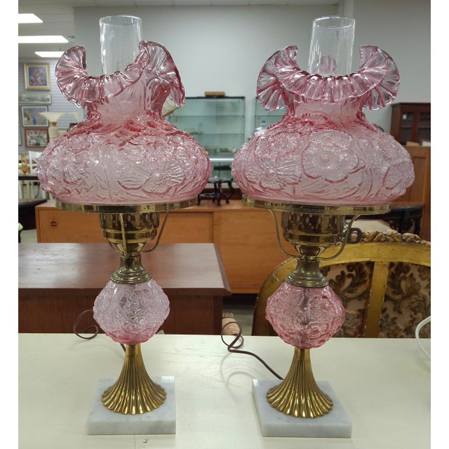 Pink Mid 20th Century Fenton Art Glass and Marble Hurricane Table Lamps - a Pair For Sale - Image 8 of 10