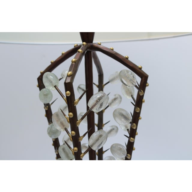 Fine André Dubreuil table lamp Wrought iron, bronze solder, brass and glass Perles.