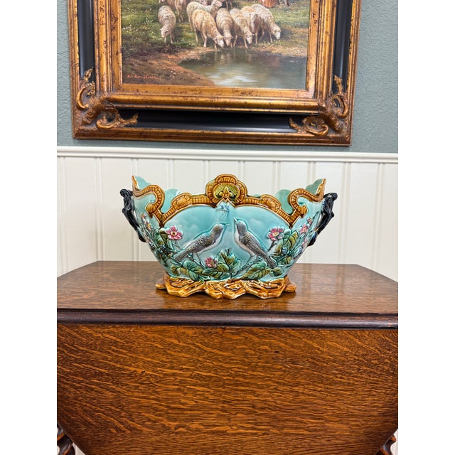 Antique French Onnaing Majolica Cache Pot Planter Bowl Jardiniere Love Birds For Sale - Image 18 of 18