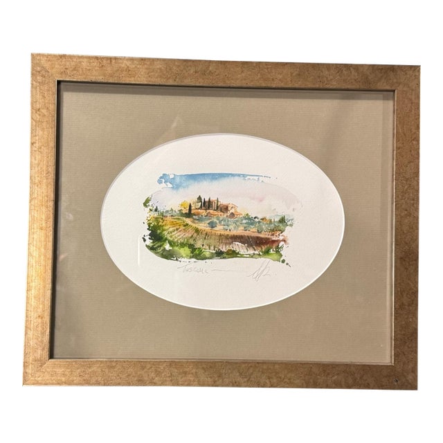 Vintage Watercolor Painting of an Italian Vineyard Artist Signed For Sale
