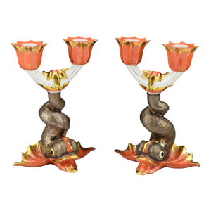 Pair of Late 20th Century Herend Porcelain Rust Koi Fish Dolphin 2-Lite Candlesticks 7933