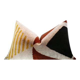 Handmade Silk Velvet Geometric Throw Pillow, Black, Gold, and Rust Brown Modern Design With Down Feather Insert For Sale