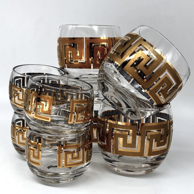 Vintage 22k Gold Greek Key Double Old Fashioned & Rocks Glasses Set of 8 For Sale In New York - Image 6 of 12