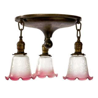 Antique Flush Mount Ceiling Light With Three Lights and Vintage French Etched Glass Shades For Sale