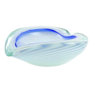 Fratelli Toso Murano Vintage Opalescent Optic Swirl Blue Rim Italian Art Glass Heart Shaped Ashtray Bowl For Sale