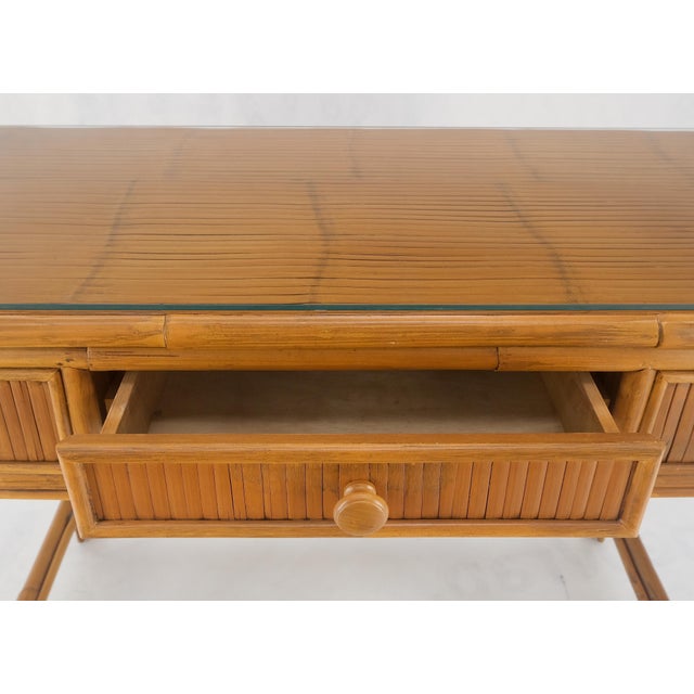 Light Amber Bamboo Glass Top One Drawer Low Profile Compact Desk with Chair MINT - Set of 2 For Sale - Image 11 of 12