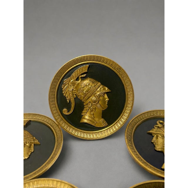 French Neoclassical Gilt Bronze Warrior Medallion Tiebacks A fine set of 5 French Neoclassical gilt bronze curtain...