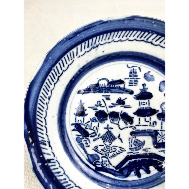 Ceramic Antique Chinese Export Blue Willow Canton Dish For Sale - Image 7 of 11