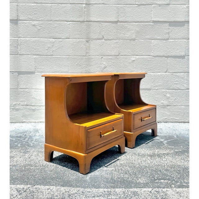 Mid-Century Modern Vintage Pecan Wood Nightstands - Pair For Sale - Image 3 of 5